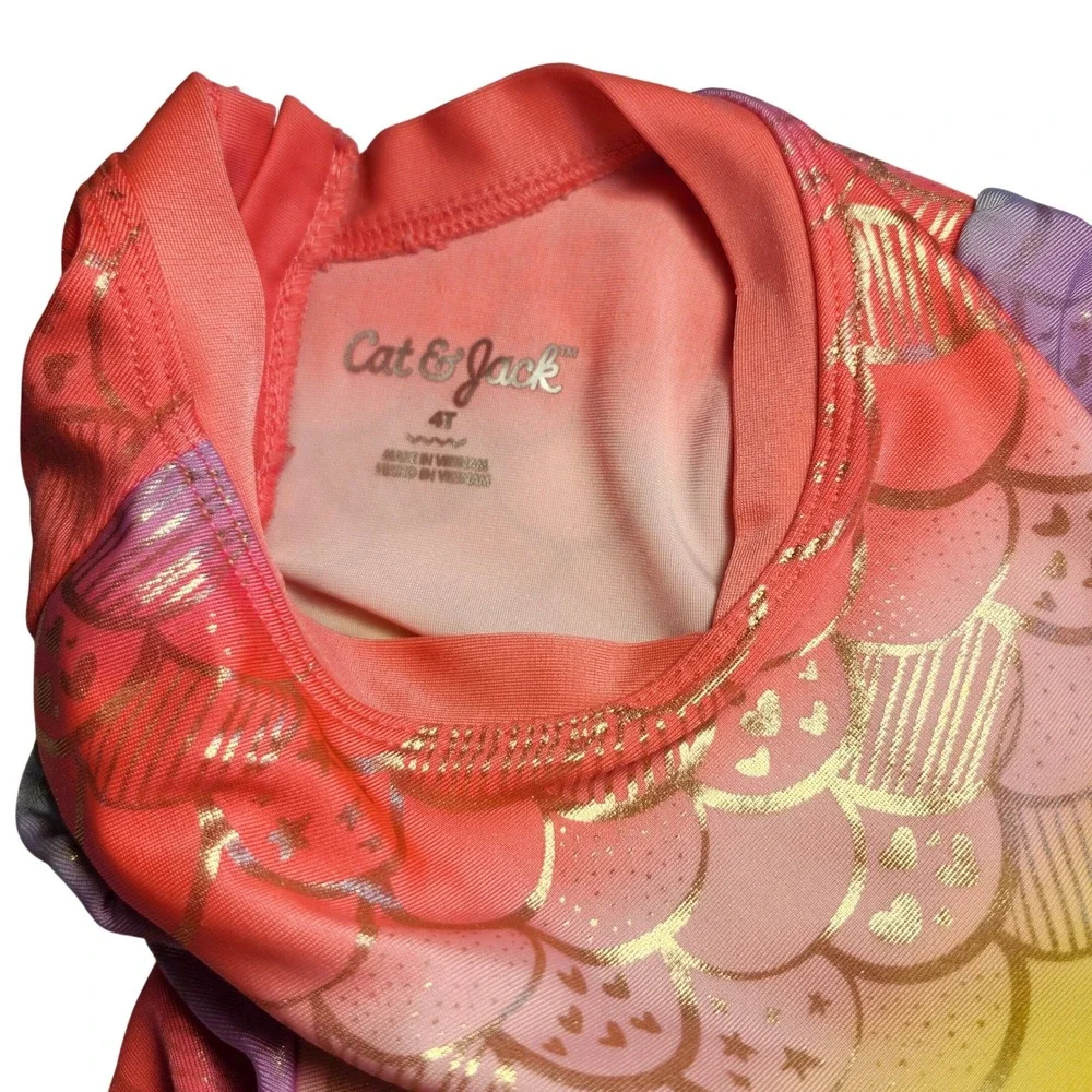 Cat & Jack Girls 4T Rainbow Mermaid Scale Long Sleeve Rash Guard Swimsuit Snaps